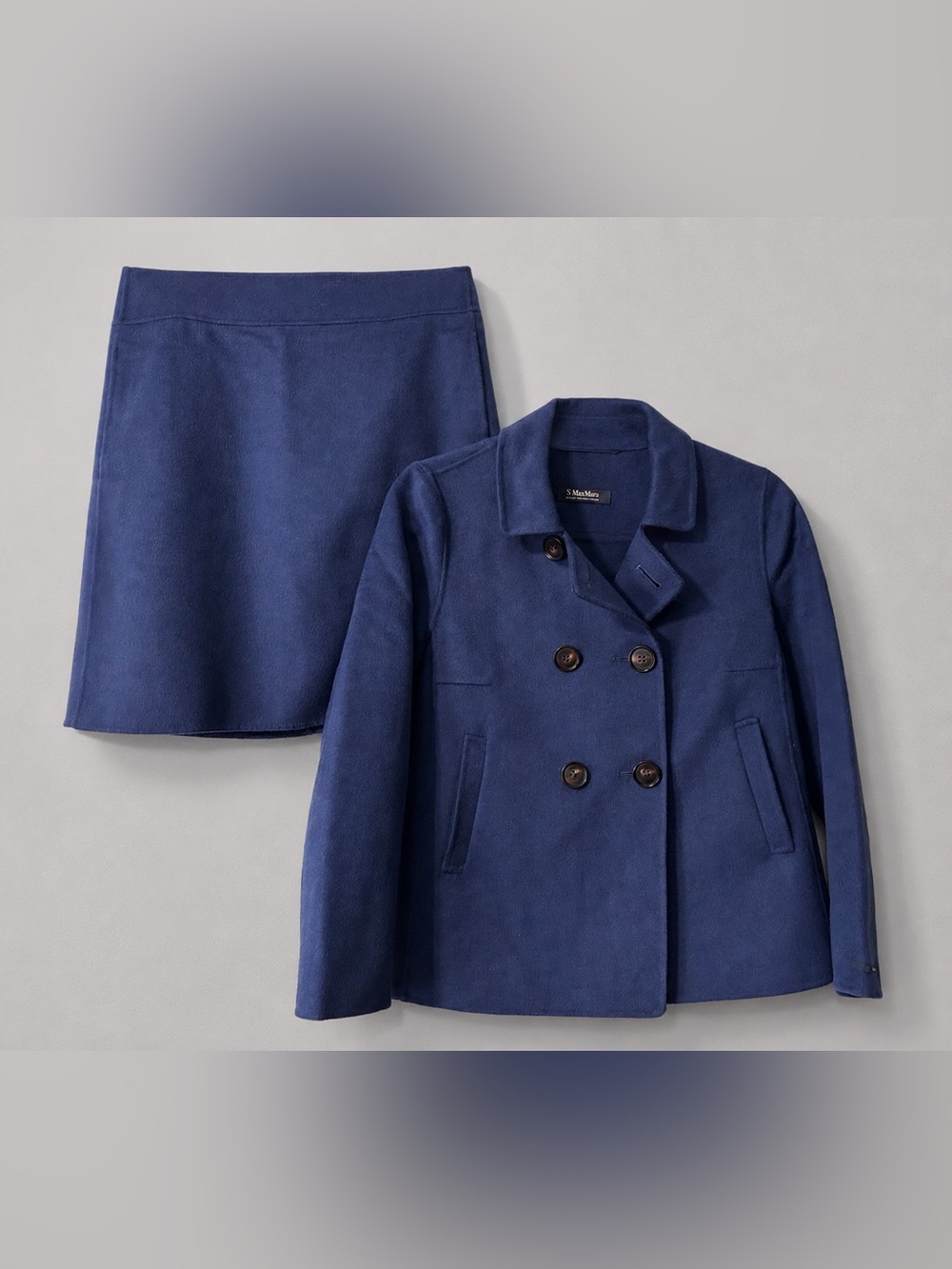 ‘S Max Mara Wool & Angora Blue Peacoat & Pencil Skirt Set Suit Size 6 EUC